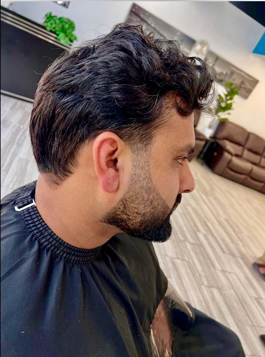 Beard trim, feathered haircut